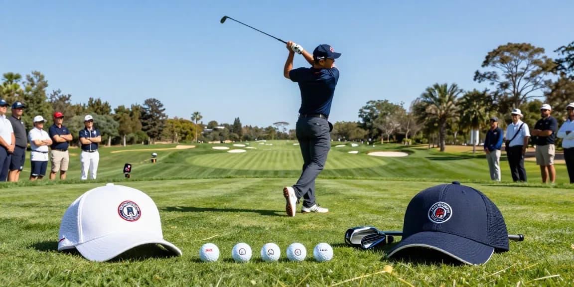 Excited golfer wearing branded hats takes a swing on the golf course.