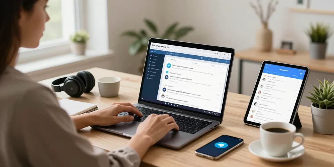 Engaged user interacting with Telegram Web Version in a modern workspace.