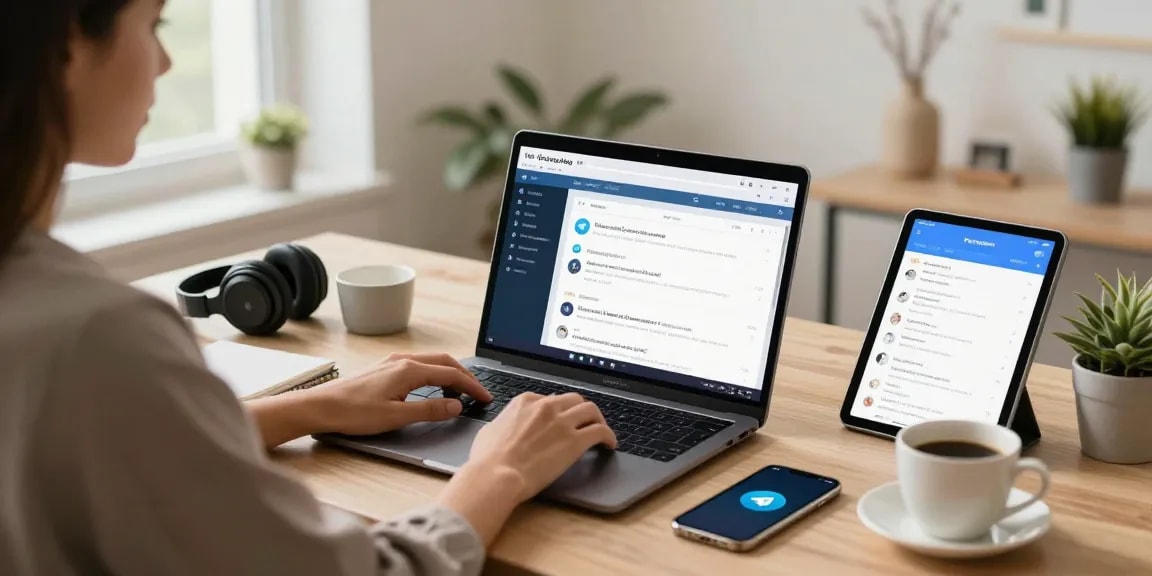Engaged user interacting with Telegram Web Version in a modern workspace.