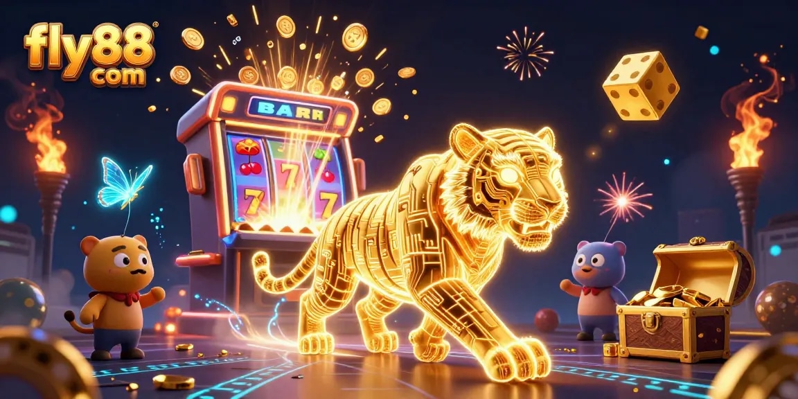 Experience thrilling gameplay on fly88 com with a neon golden tiger in a vibrant casino landscape.