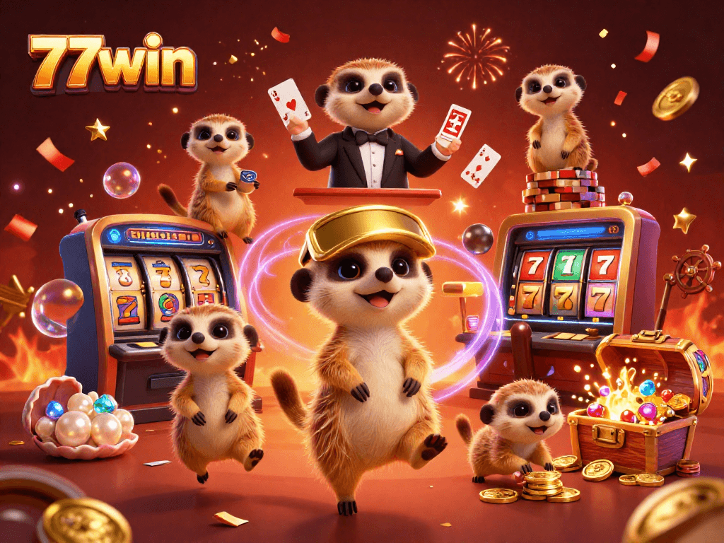 Win big at 77win with a vibrant meerkat casino scene showcasing thrilling games and colorful treasures.