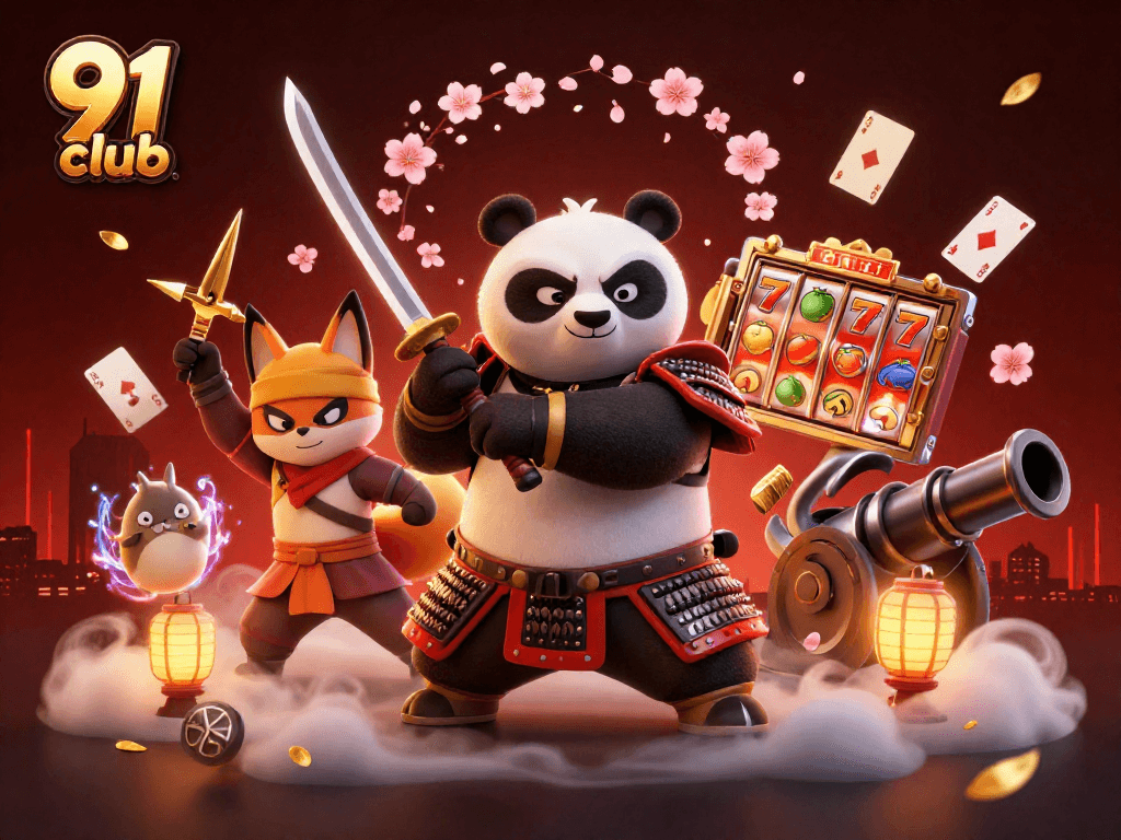 Engage in thrilling gameplay at the 91 club, featuring colorful slot reels and dynamic action elements.
