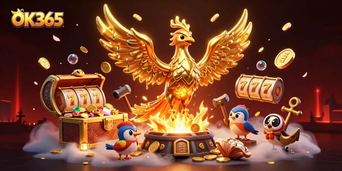 Experience the captivating world of OK365 with this dynamic 3D illustration featuring a golden phoenix and casino symbols.
