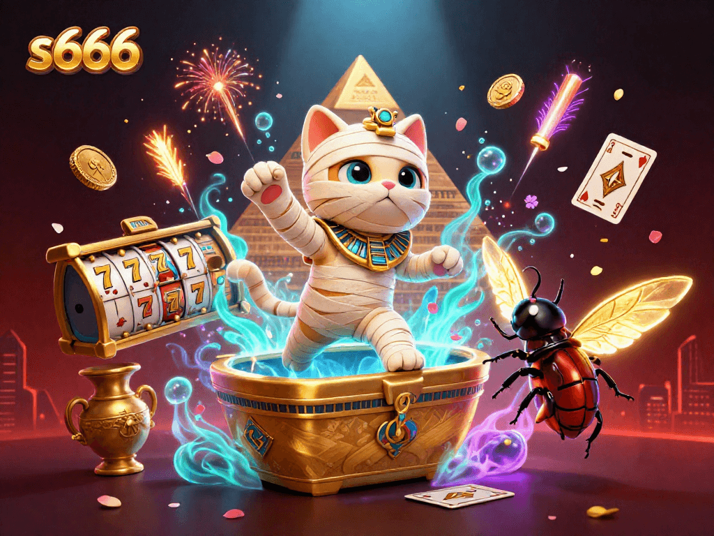 S666 mummy cat bursting from a golden sarcophagus while surrounded by dynamic casino elements