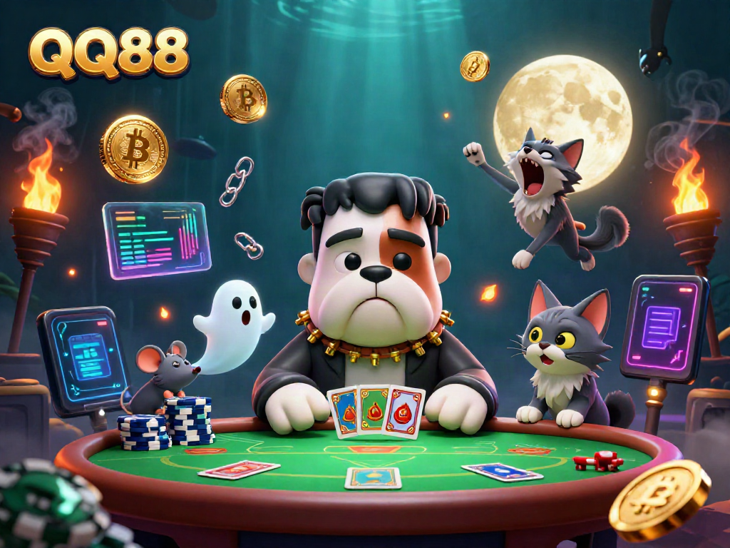Experience high-stakes gaming with QQ88 as a Frankenstein bulldog monster deals cards amidst ghostly figures, showcasing crypto and vibrant colors.