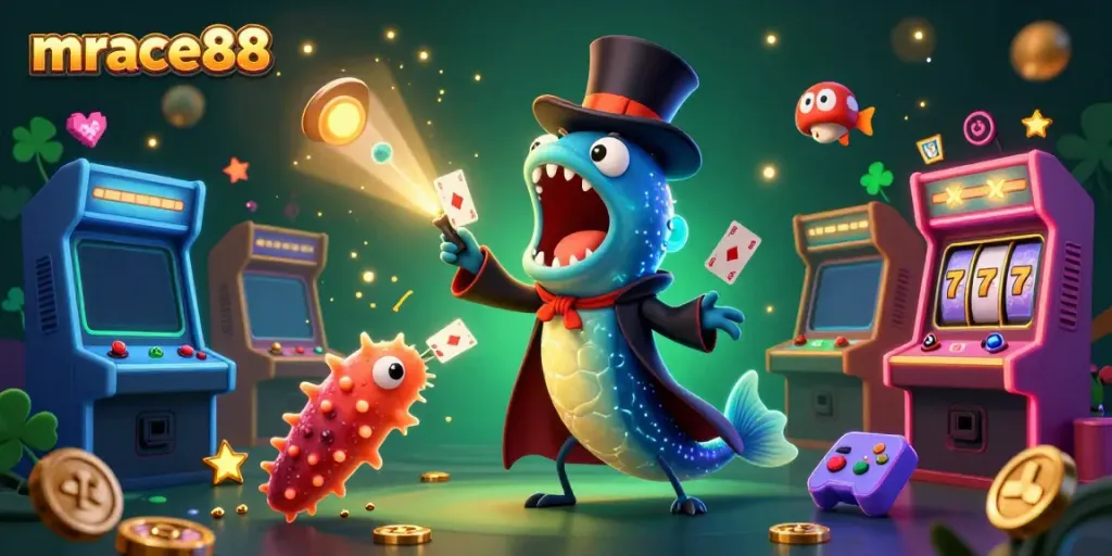 Engage with mrace88 in a vibrant 3D casino-themed illustration showcasing magical underwater characters alongside slot machines and gaming elements.