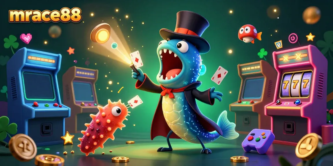 Engage with mrace88 in a vibrant 3D casino-themed illustration showcasing magical underwater characters alongside slot machines and gaming elements.