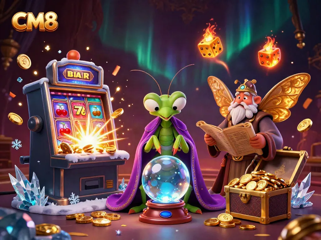 Engage with CM8's vibrant casino world featuring colorful slots, characters alive with magic, and dynamic gaming action.