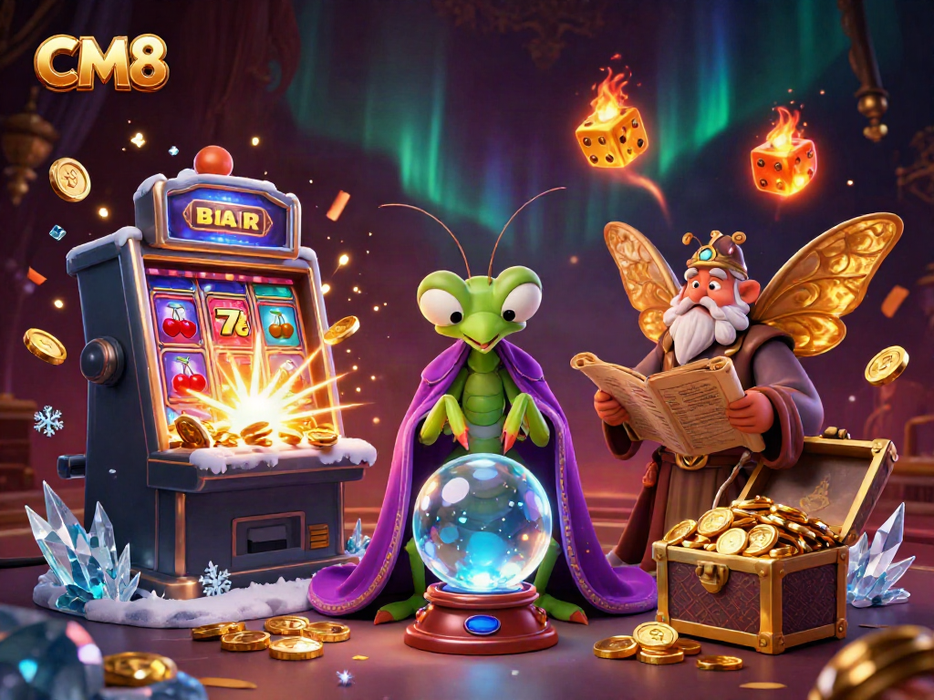 Engage with CM8's vibrant casino world featuring colorful slots, characters alive with magic, and dynamic gaming action.