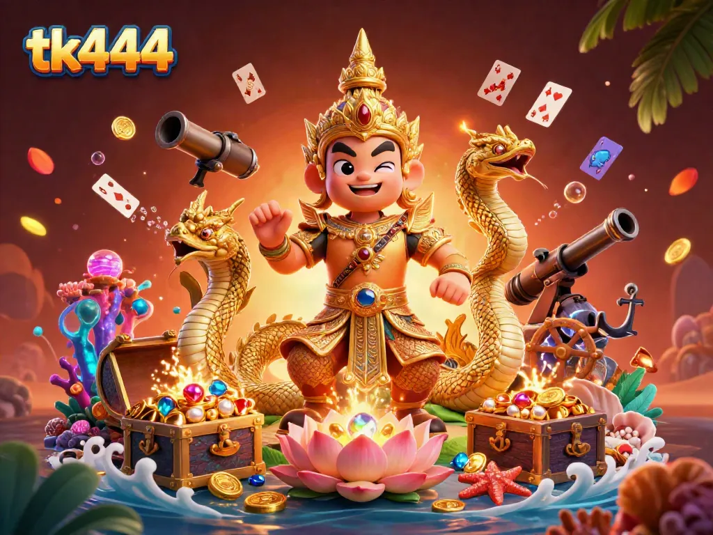 Engage in thrilling gaming at tk444 featuring a dynamic 3D scene with guardian and treasures.