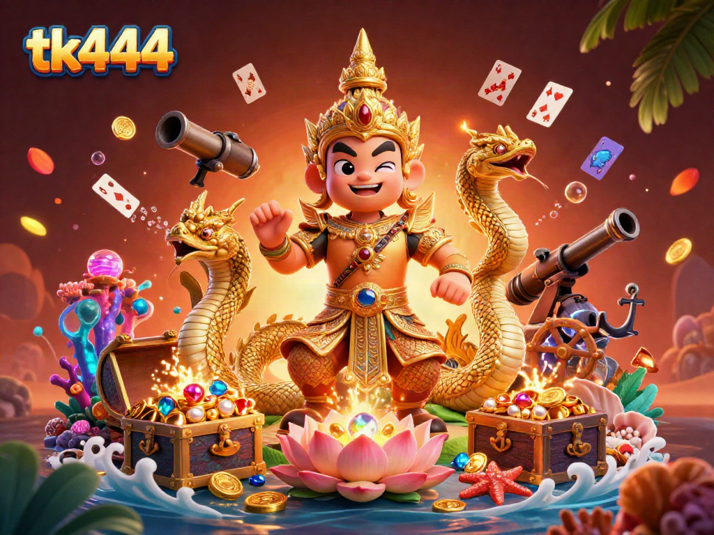 Engage in thrilling gaming at tk444 featuring a dynamic 3D scene with guardian and treasures.