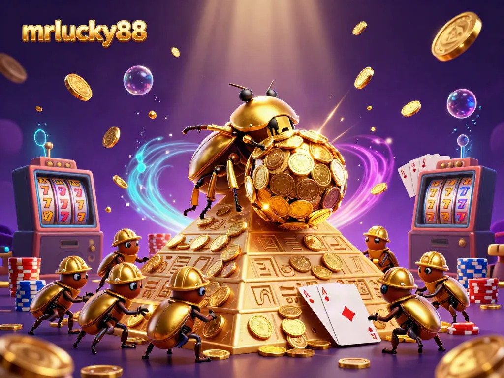 Engage with MrLucky88's vibrant gaming world featuring golden beetles, coins, and casino symbols.
