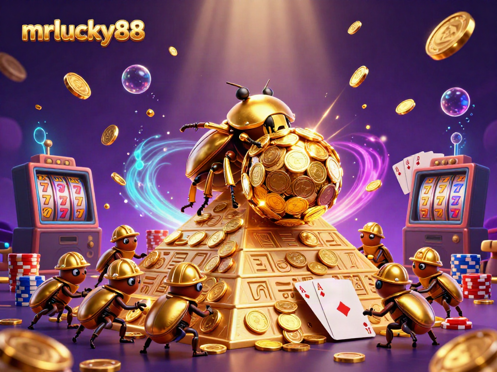 Engage with MrLucky88's vibrant gaming world featuring golden beetles, coins, and casino symbols.