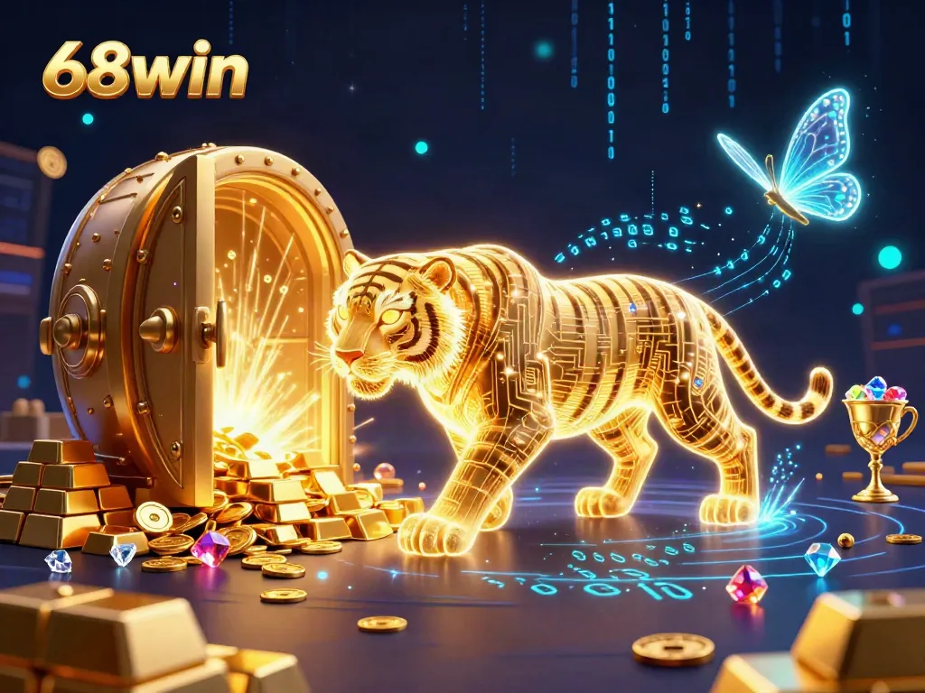 Experience thrilling gaming excitement with 68win in a vibrant digital casino landscape showcasing a glowing golden tiger.