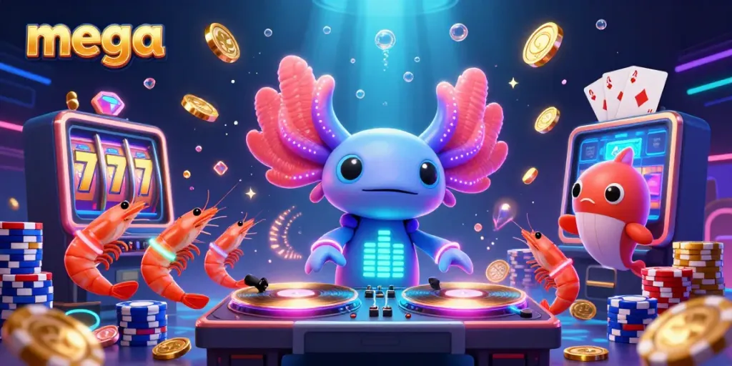 Engage with mega slot mechanics in a vibrant underwater casino scene featuring joyful characters and glowing gems.