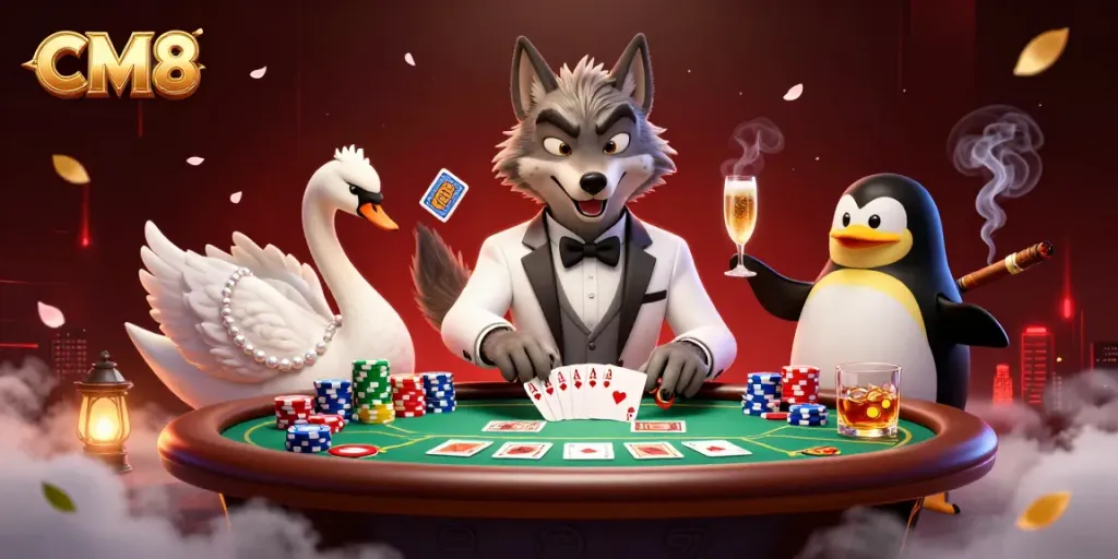 Engage with CM8's thrilling gambling scene featuring charismatic characters and dynamic gaming elements.