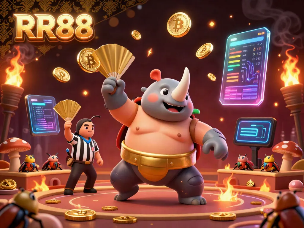 RR88 showcases an exciting casino scene with a sumo champion beetle sending golden coins flying amid vibrant crypto elements.