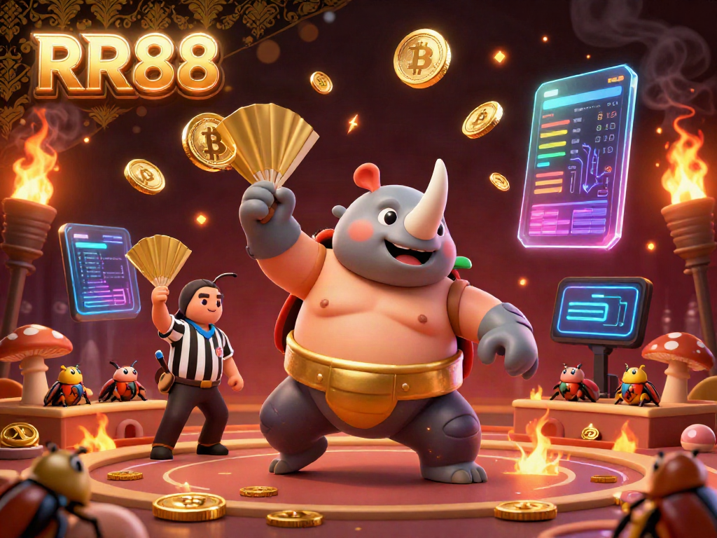 RR88 showcases an exciting casino scene with a sumo champion beetle sending golden coins flying amid vibrant crypto elements.