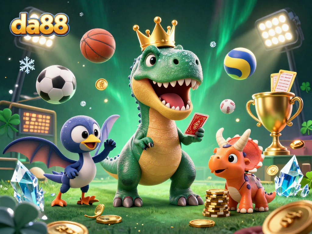 Bet on da88 with a whimsical T-Rex, pterodactyl, and triceratops showcasing casino excitement.