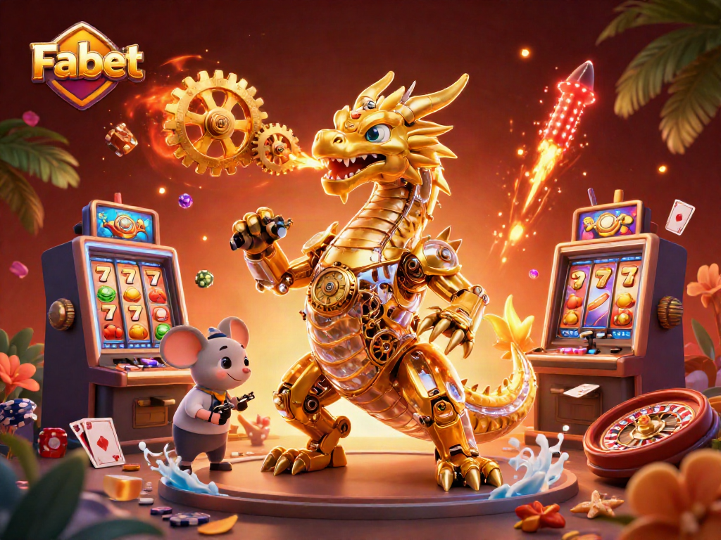 Experience thrilling gameplay with Fabet's 3D illustration featuring golden dragon and casino elements.