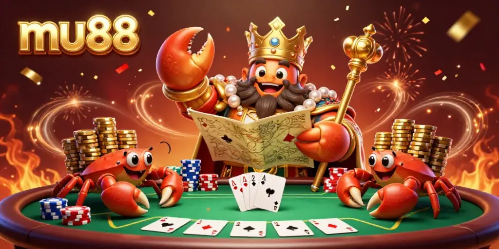 Experience the thrill of mu88 casino with a grand golden crab emperor and poker elements in a vibrant celebration.