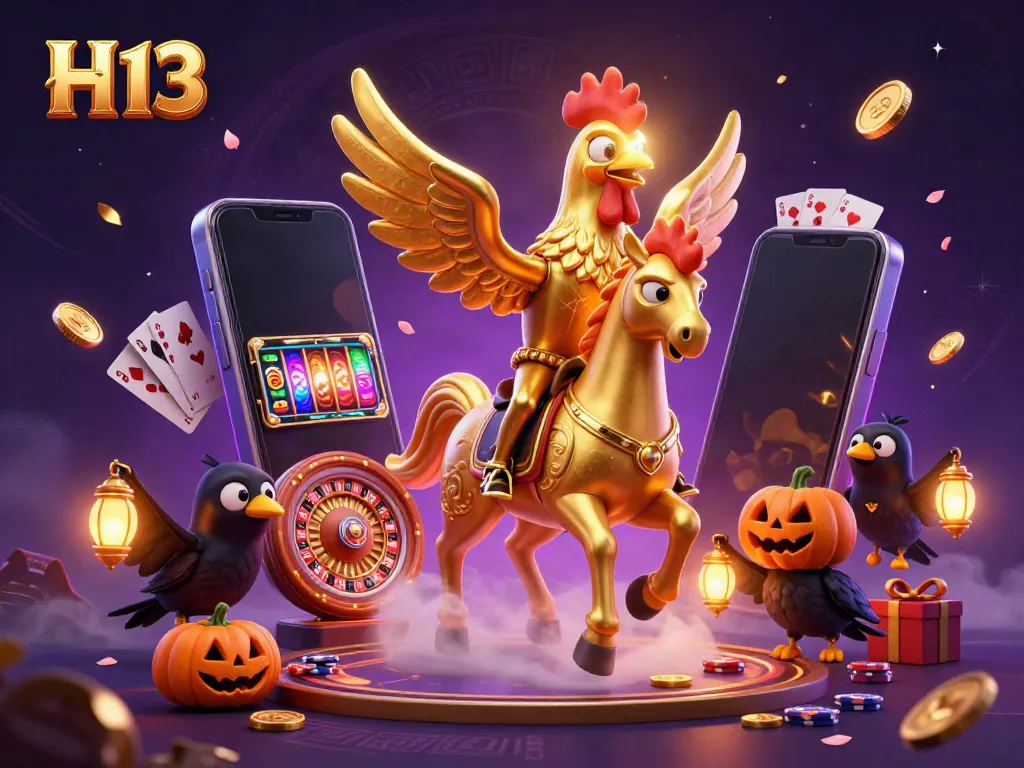Experience thrilling gaming at H 13 with vibrant casino elements, gold coins, and engaging characters.