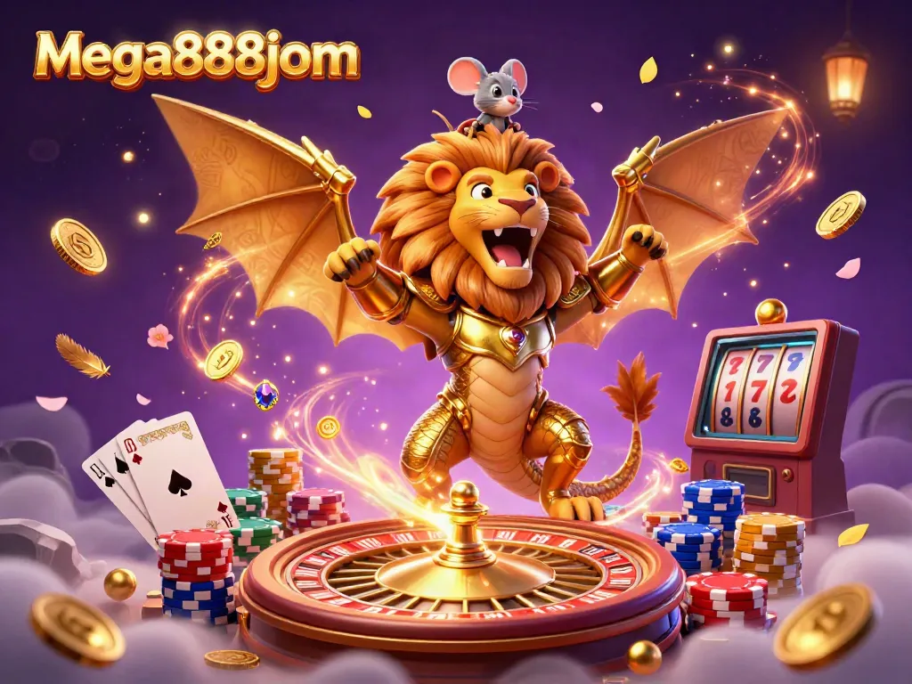 Experience thrilling wins with mega888jom in this vibrant casino illustration featuring a victorious chimera and dazzling game elements.