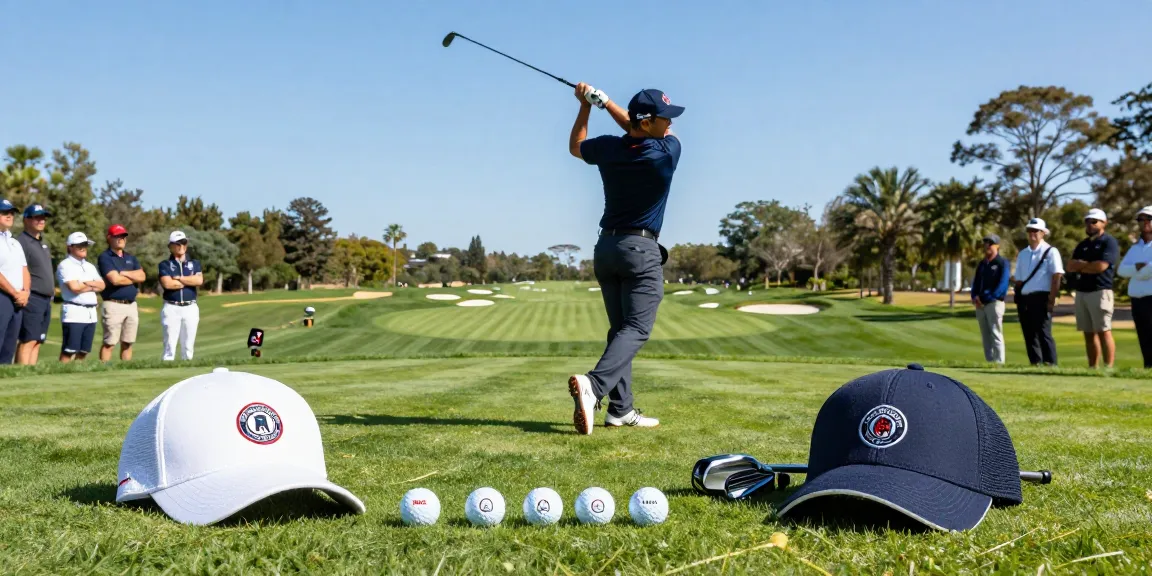 Excited golfer wearing branded hats takes a swing on the golf course.
