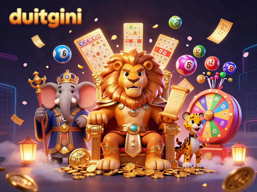 Duitgini showcases vibrant lottery excitement with a fierce lion king, ceremonial elephant, and cheetah in a dynamic scene.