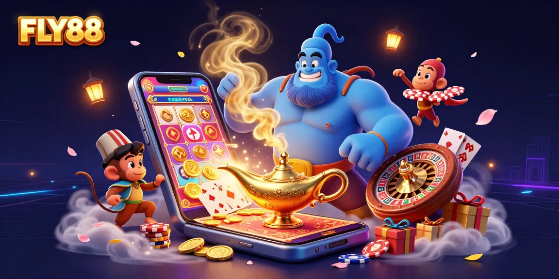 FLY88 players spin slots with a genie, poker chips, and colorful game elements in a vibrant digital illustration.
