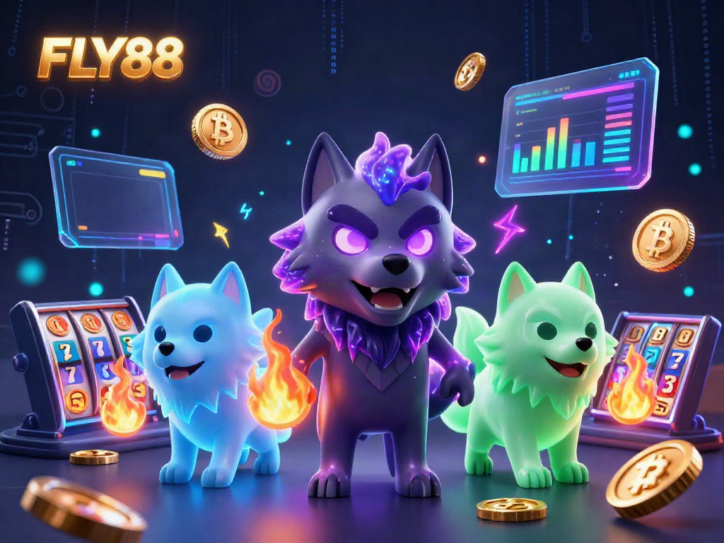Engage with FLY88 in a captivating digital casino scene filled with vibrant characters and floating crypto elements.