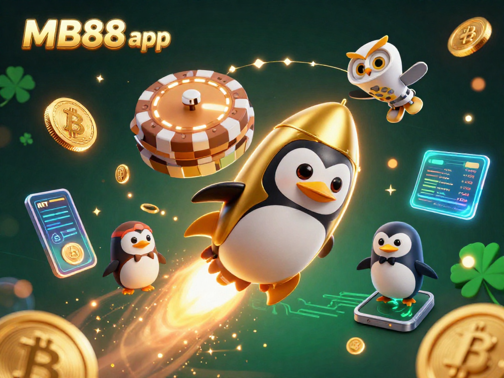 Experience the thrilling adventure of MB88 app with a golden penguin on a quest for riches in a vibrant crypto casino.