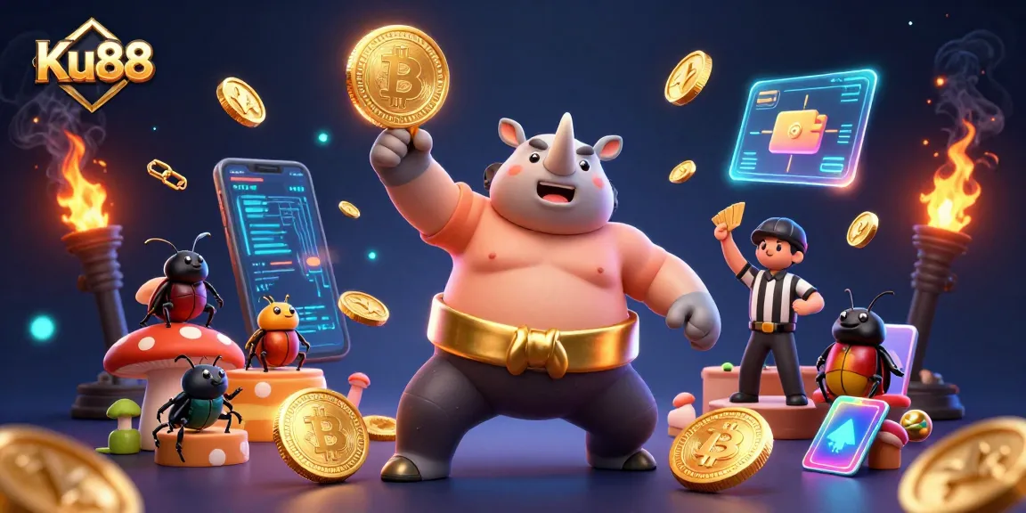 Ku88 captivates players with a dynamic animated scene of a sumo beetle champion stomping gold coins in a crypto casino.