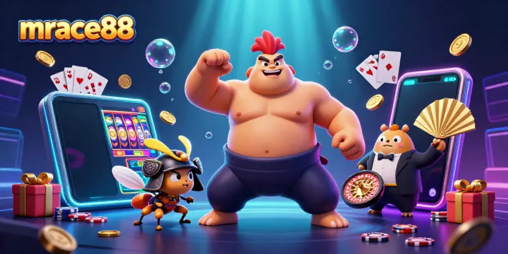 Experience exciting slot action with mrace88, featuring colorful games, coins, and dynamic characters.
