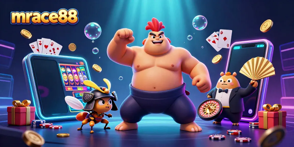 Experience exciting slot action with mrace88, featuring colorful games, coins, and dynamic characters.