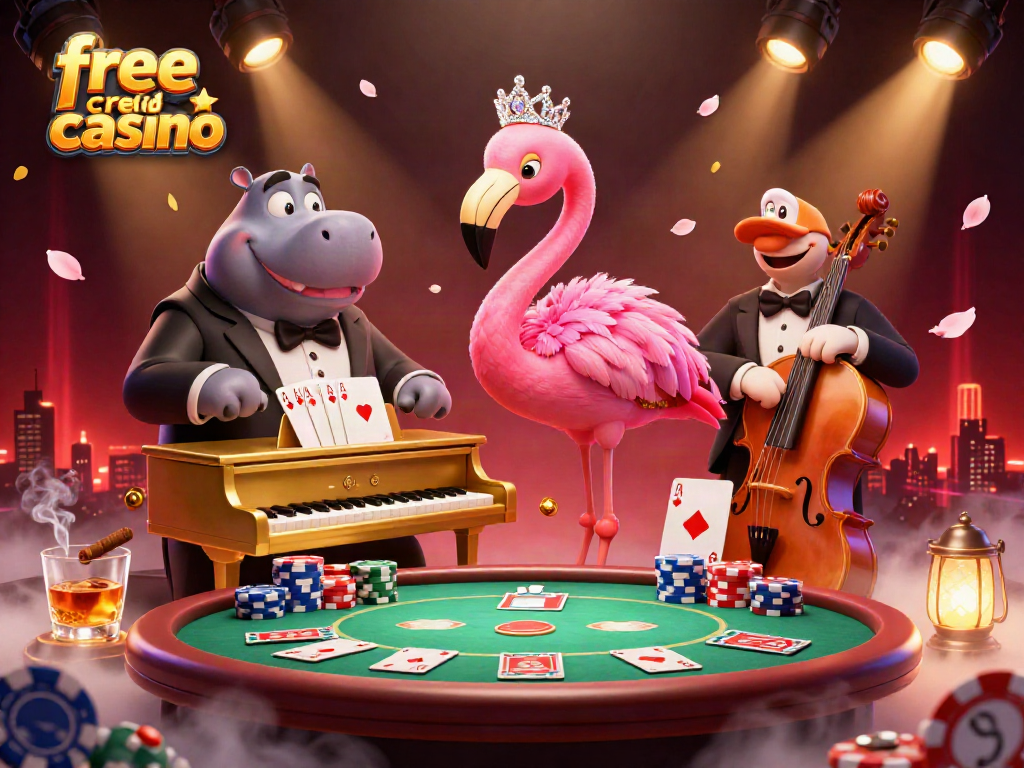 Engaging scene with free credit casino themes featuring a flamingo singer and hippo bassist, vibrant poker elements.