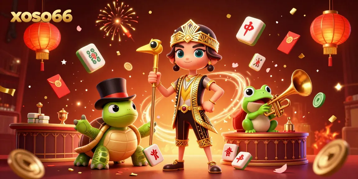 Engage with xoso66 through a vibrant and dynamic 3D illustration, highlighting a cartoon crane, turtle, and trumpet frog amid festive casino elements.