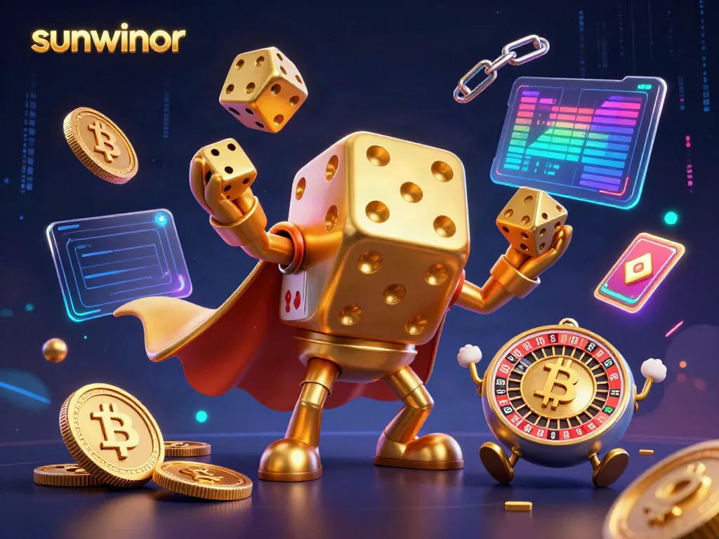 Experience the thrill of winning with sunwinor as animated dice and crypto coins fly through a vibrant casino scene.