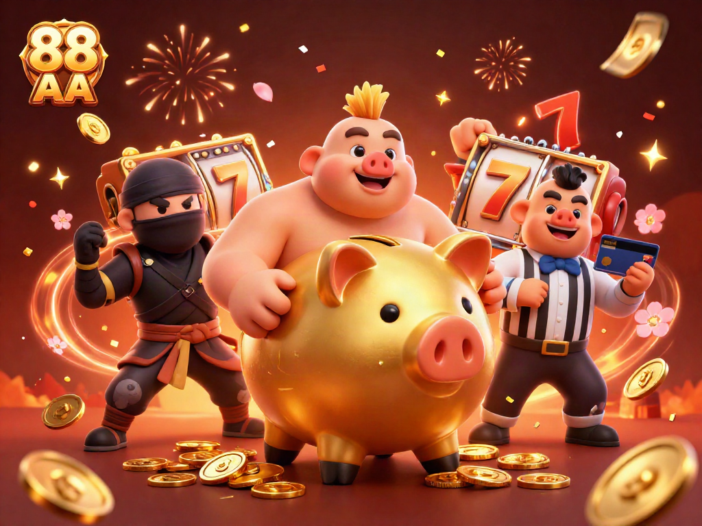 Experience winning with 88 AA at a vibrant casino scene featuring golden piggy bank sumo wrestler and action elements.