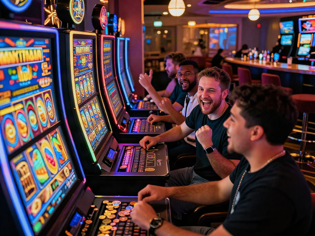 Exciting slot gacor malam ini scene with players celebrating at a vibrant casino.