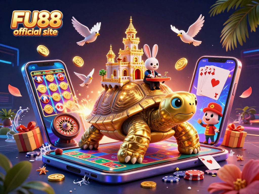 Experience the thrilling games at the FU88 official site with a vibrant 3D illustration featuring exciting casino elements.