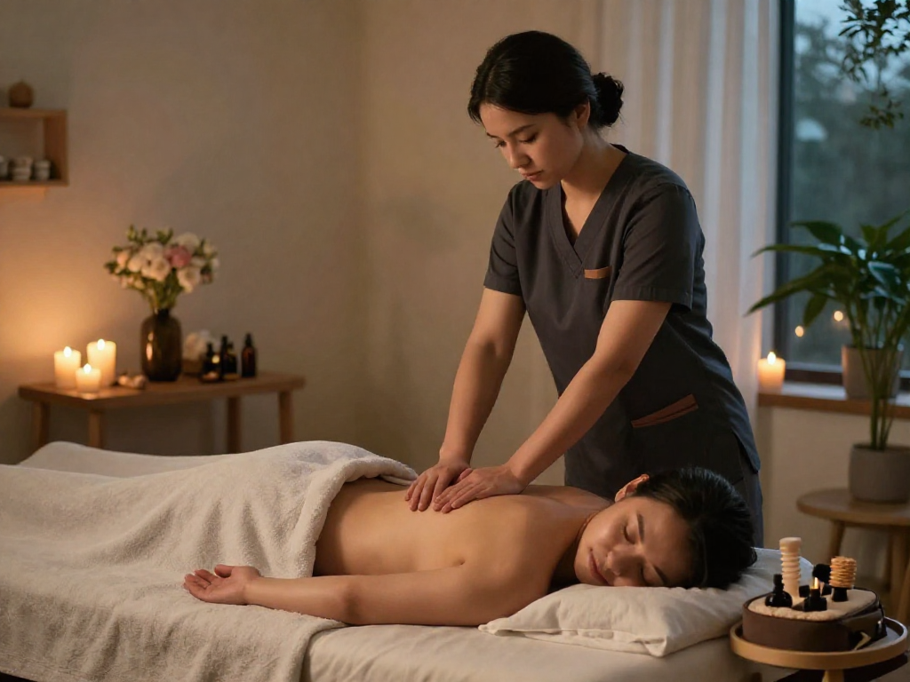 Relaxing 일산출장안마 scene with a professional therapist providing calming Swedish massage, creating a tranquil spa atmosphere.