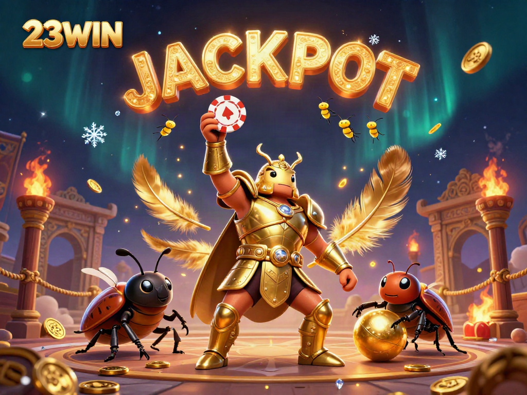 Engage with 23WIN in a vibrant 3D illustration featuring a victorious beetle hero lifting a poker chip.