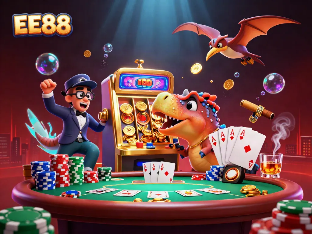 Experience exciting slot jackpots at EE88 with dinosaur characters, golden coins, and vibrant casino elements.