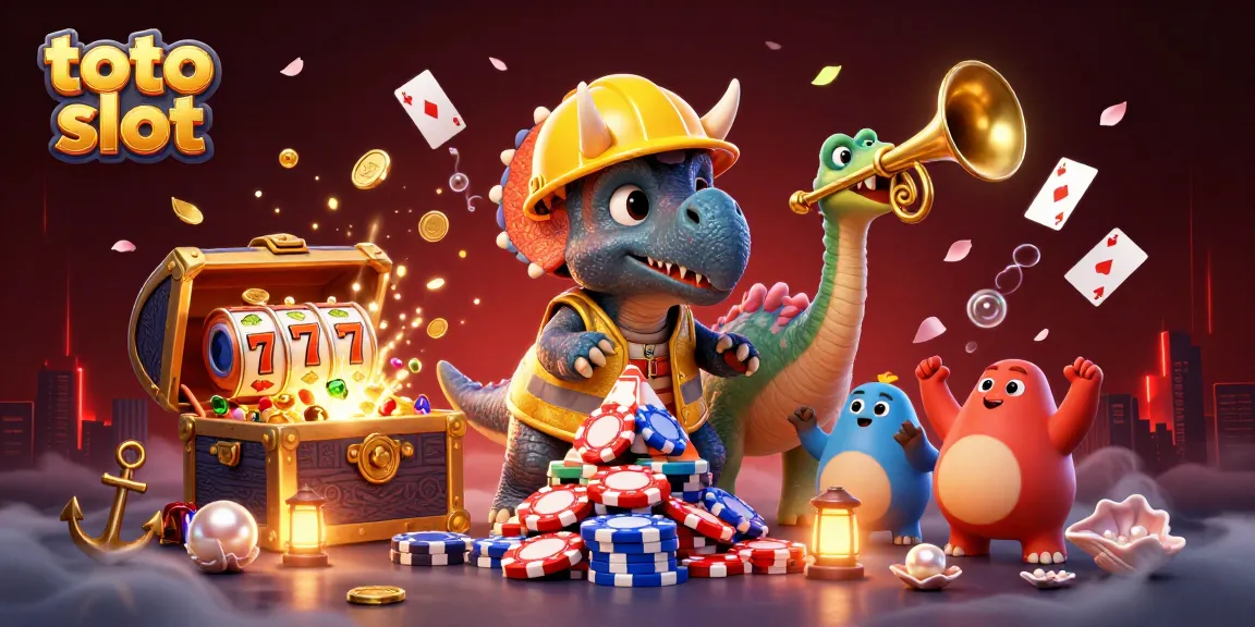 Celebrate with the toto slot characters building a poker chip pyramid amidst vibrant casino elements.