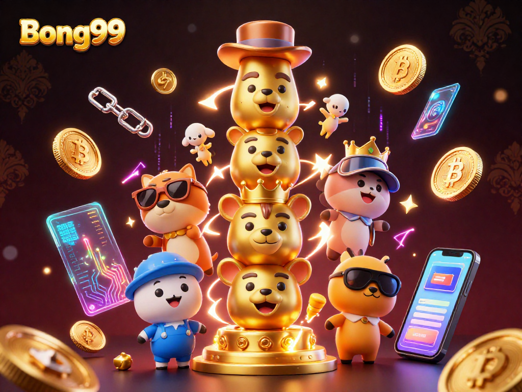 Bong99 showcases a vibrant casino scene with a golden totem and glowing cryptocurrency elements dynamically interacting.