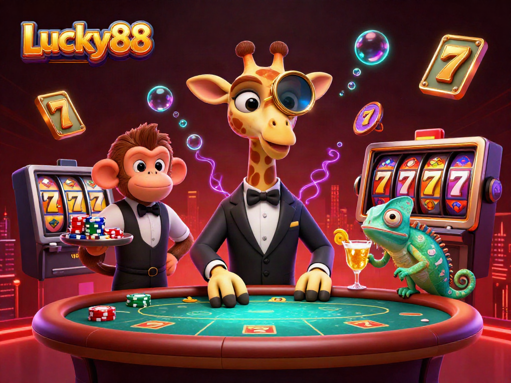 Play the exciting Lucky88 slot game with high-roller characters in a vibrant casino scene.