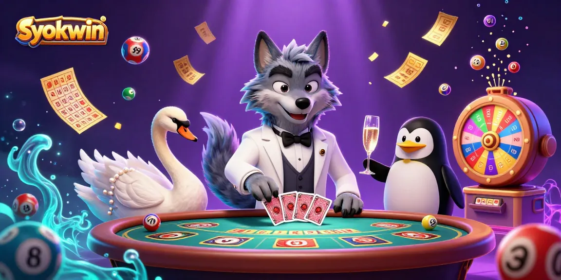 Engage with exciting syokwin casino games featuring a lively illustration of friendly characters at a vibrant baccarat table.