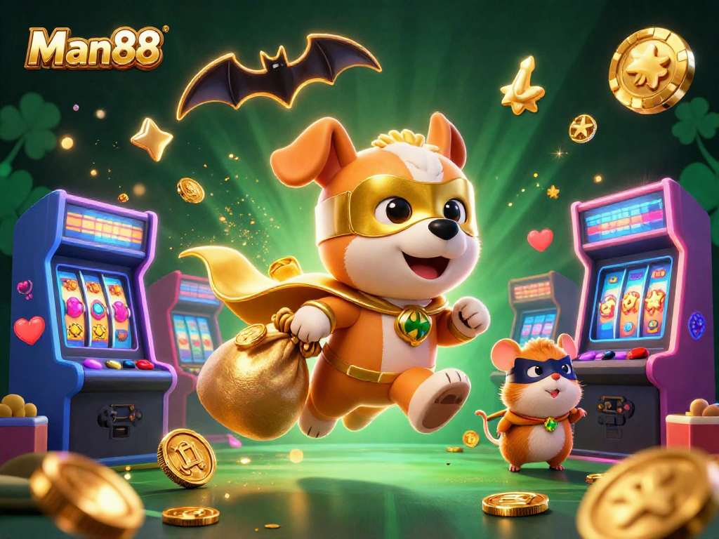 Engage with Man88 featuring a superhero dog and hamster amidst vibrant casino games and golden coins.