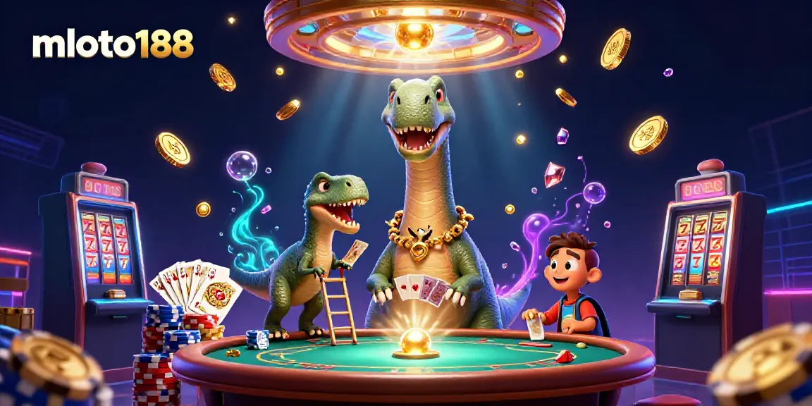 Experience the vibrant excitement of mloto188 with a towering brontosaurus amidst casino fun.